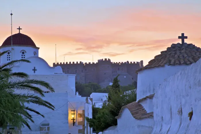 Framed Print : Churches At Sunset With The Monastery Of St. John In The Background, Patmos, Dodecanese Framed Print : Churches At Sunset With The Monastery Of St. John In The Background, Patmos, Dodecanese