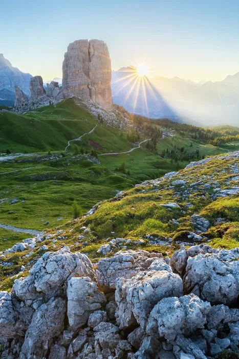 Framed Print : Cinque Torri peak in summer at sunrise. Cortina d'Ampezzo, Belluno Province, Veneto District, Italy