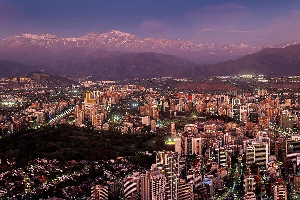 City & Andes Mountains at dusk, Santiago, Chile