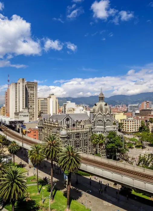 Framed Print : City Center Skyline with Metro Line and Rafael Uribe Uribe Palace of Culture, elevated