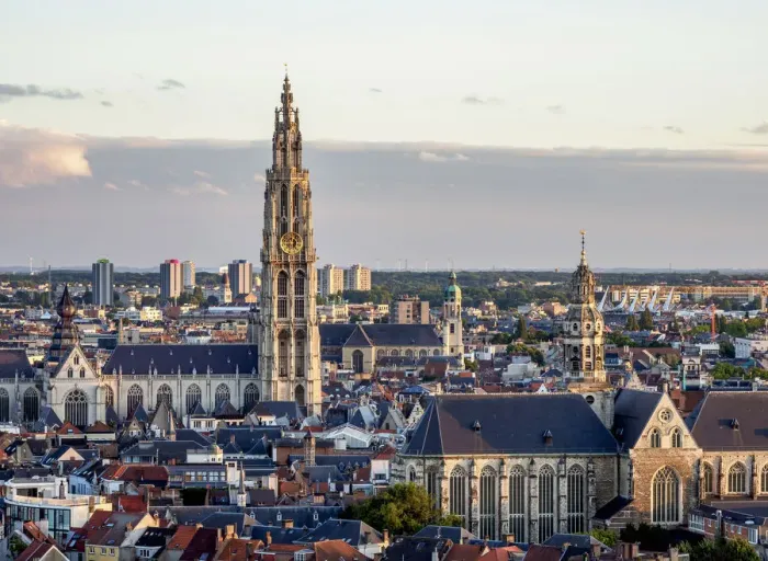 Framed Print : City Center Skyline at sunset, elevated view, Antwerp, Belgium Framed Print : City Center Skyline at sunset, elevated view, Antwerp, Belgium