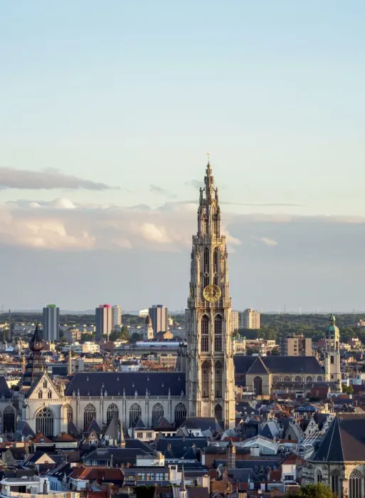 Framed Print : City Center Skyline at sunset, elevated view, Antwerp, Belgium