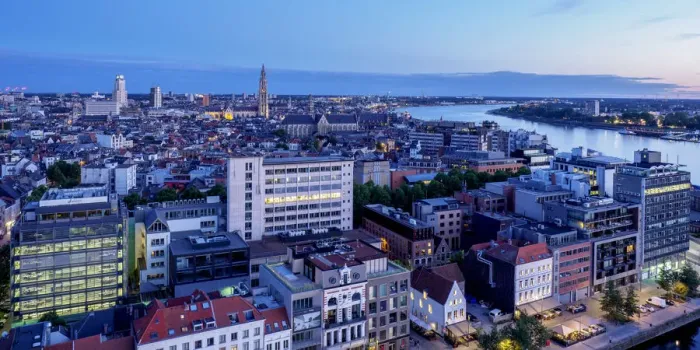 Framed Print : City Center Skyline at twilight, elevated view, Antwerp, Belgium