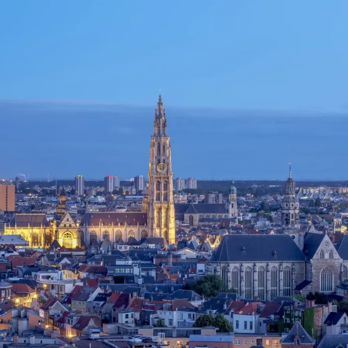 Framed Print : City Center Skyline at twilight, elevated view, Antwerp, Belgium