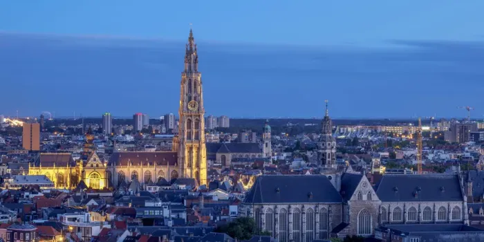 Framed Print : City Center Skyline at twilight, elevated view, Antwerp, Belgium Framed Print : City Center Skyline at twilight, elevated view, Antwerp, Belgium