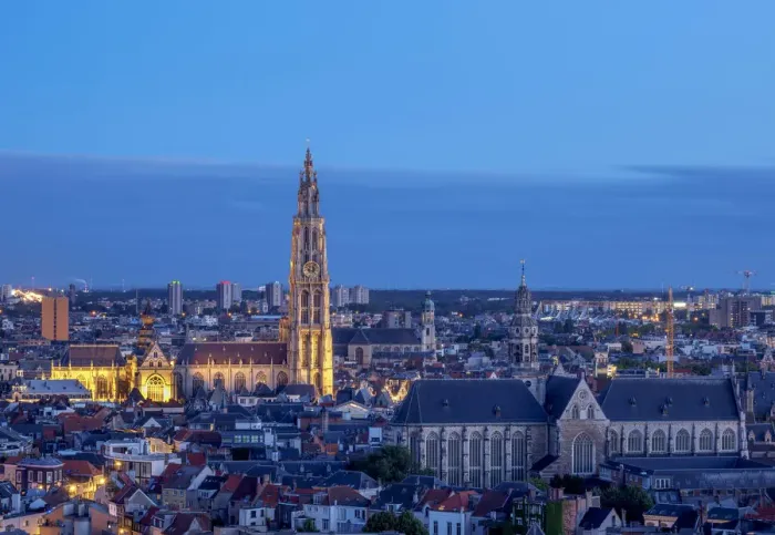 Framed Print : City Center Skyline at twilight, elevated view, Antwerp, Belgium Framed Print : City Center Skyline at twilight, elevated view, Antwerp, Belgium