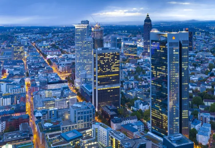 Framed Print : City centre from above at dusk, Frankfurt, Hesse, Germany, Europe