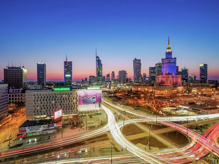 Framed Print : City Centre Skyline and Dmowski Roundabout at dusk, elevated view, Warsaw, Masovian Voivodeship, Poland Framed Print : City Centre Skyline and Dmowski Roundabout at dusk, elevated view, Warsaw, Masovian Voivodeship, Poland