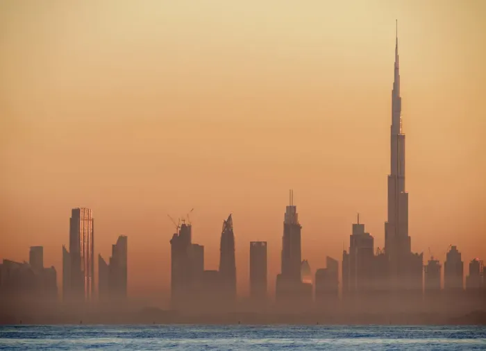 Framed Print : City Centre Skyline seen from Palm Jumeirah artificial island at sunrise, Dubai