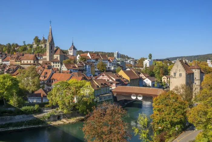 Framed Print : City church of Baden with Stein castle and wooden bridge over the river Limmat, Aargau Framed Print : City church of Baden with Stein castle and wooden bridge over the river Limmat, Aargau