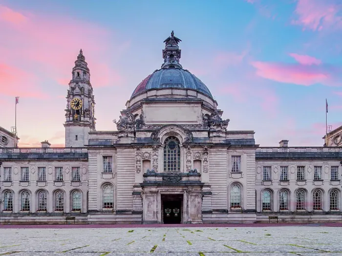 Framed Print : City Hall at dusk, low angle view, Cardiff, Wales, United Kingdom Framed Print : City Hall at dusk, low angle view, Cardiff, Wales, United Kingdom
