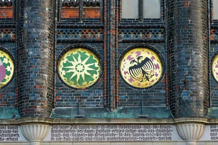 Framed Print : Detail on City Hall of Lubeck, coats of arms, Lubeck, UNESCO, Schleswig-Holstein, Germany