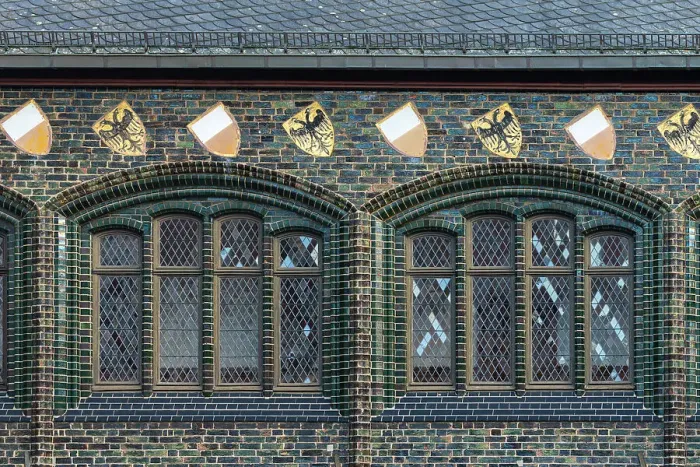Framed Print : Detail on City Hall of Lubeck, coats of arms and windows, Lubeck, UNESCO, Schleswig-Holstein, Germany