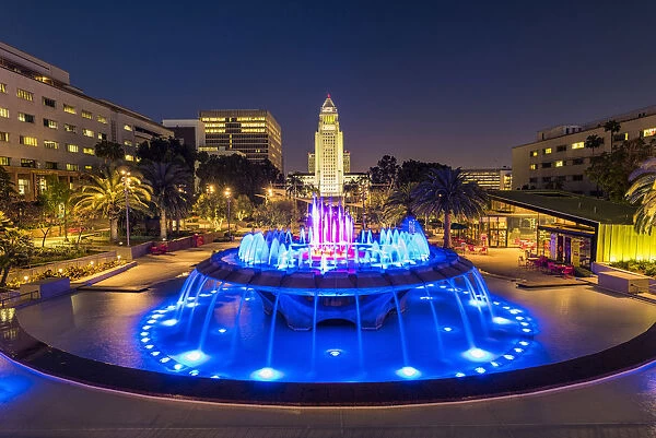 City Hall as seen from Grand Park at Night, Los Angeles, California, USA