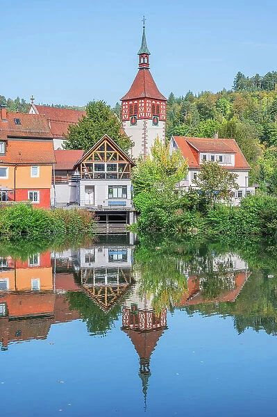City lake with St. Blasius, Liebenzell, Northern Black Forest, Baden-Wurttemberg, Germany
