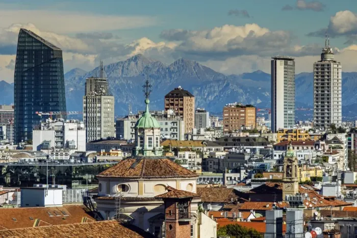 Framed Print : City skyline with the Alps in the background, Milan, Lombardy, Italy Framed Print : City skyline with the Alps in the background, Milan, Lombardy, Italy