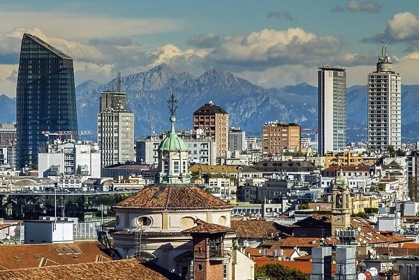 City skyline with the Alps in the background, Milan, Lombardy, Italy