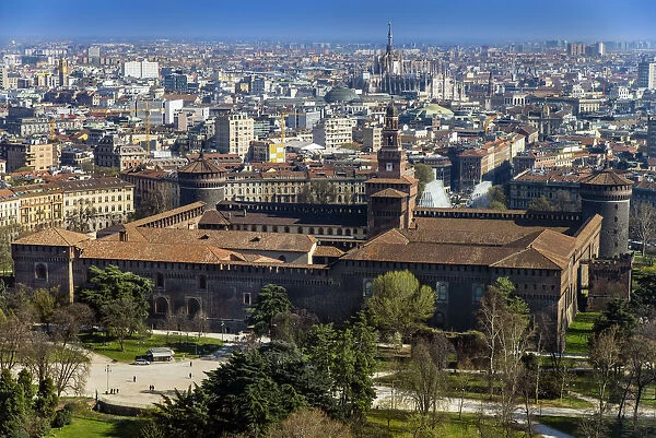 City skyline with Castello Sforzesco castle and Duomo cathedral, Milan, Lombardy, Italy