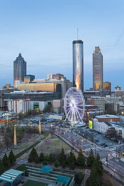 City skyline, elevated view over Downtown and the Centennial Olympic Park in Atlanta