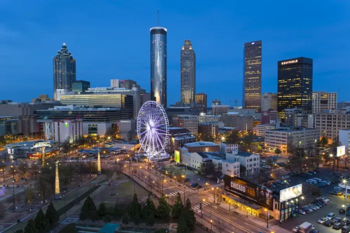 Framed Print : City skyline, elevated view over Downtown and the Centennial Olympic Park in Atlanta Framed Print : City skyline, elevated view over Downtown and the Centennial Olympic Park in Atlanta