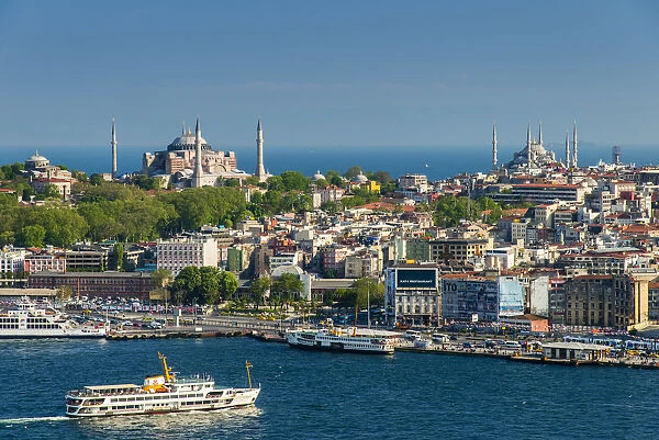 City skyline with Hagia Sophia and Sultan Ahmed Mosque or Blue Mosque, Istanbul, Turkey