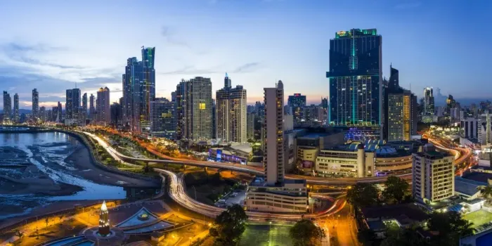 Framed Print : City skyline illuminated at dusk, Panama City, Panama, Central America Framed Print : City skyline illuminated at dusk, Panama City, Panama, Central America