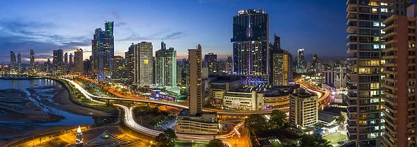 City skyline illuminated at dusk, Panama City, Panama, Central America