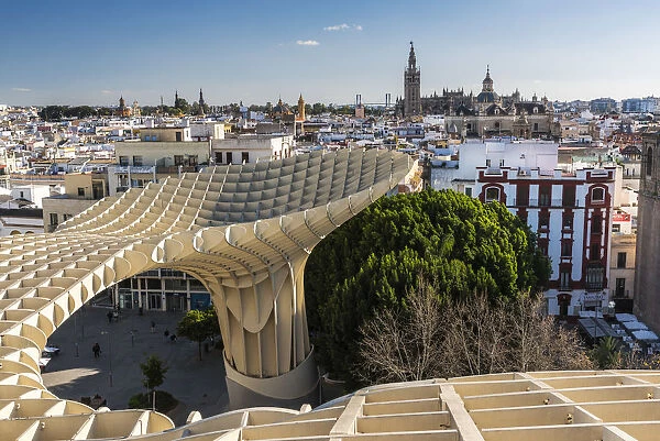 City skyline from the Metropol Parasol, Seville, Andalusia, Spain