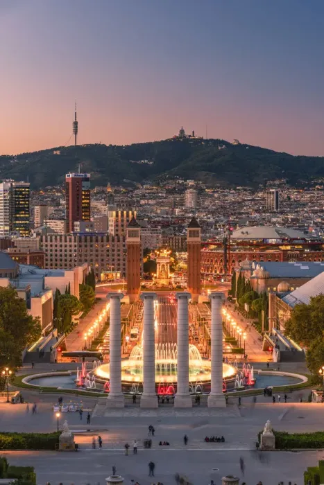 Framed Print : City skyline with Montjuic fountain at dusk, Barcelona, Catalonia, Spain Framed Print : City skyline with Montjuic fountain at dusk, Barcelona, Catalonia, Spain