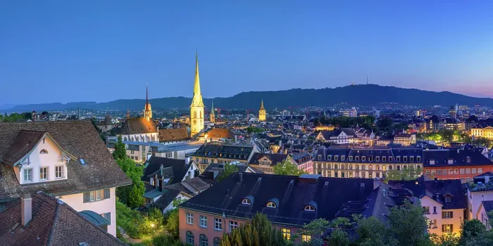 Framed Print : City skyline from Polyterrase at dusk, Zurich, Switzerland Framed Print : City skyline from Polyterrase at dusk, Zurich, Switzerland