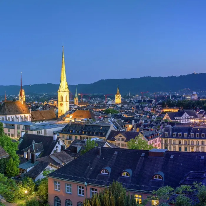 Framed Print : City skyline from Polyterrase at dusk, Zurich, Switzerland Framed Print : City skyline from Polyterrase at dusk, Zurich, Switzerland