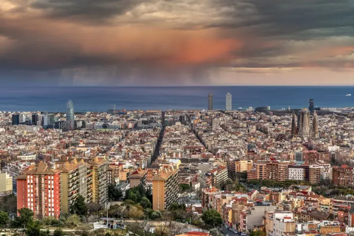 Framed Print : City skyline with stormy sky at sunset, Barcelona, Catalonia, Spain Framed Print : City skyline with stormy sky at sunset, Barcelona, Catalonia, Spain
