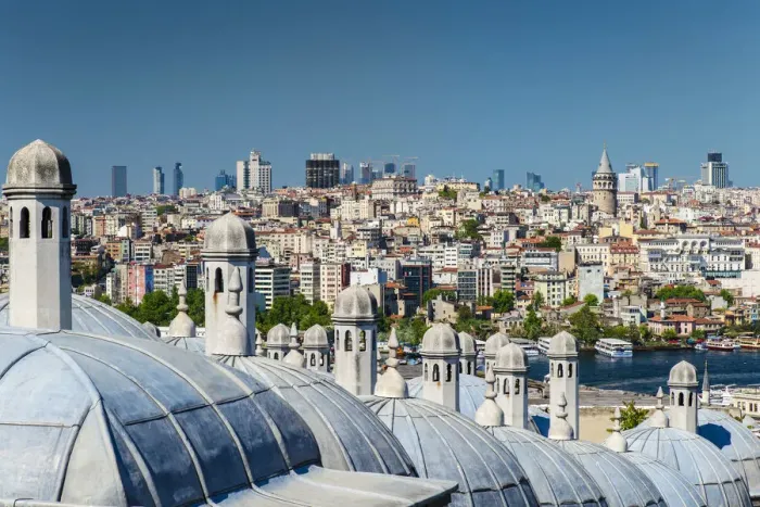 Framed Print : City skyline from Suleymaniye mosque complex with Golden Horn and Galata district behind Framed Print : City skyline from Suleymaniye mosque complex with Golden Horn and Galata district behind