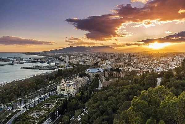 City skyline at sunset, Malaga, Andalusia, Spain