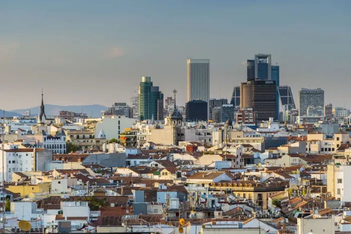 Framed Print : City skyline at sunset with modern financial center behind, Madrid, Comunidad de Madrid Framed Print : City skyline at sunset with modern financial center behind, Madrid, Comunidad de Madrid