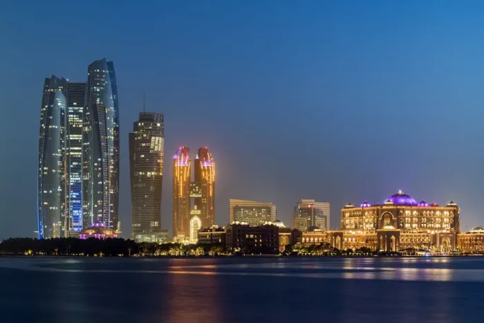 Framed Print : CIty skyline at twilight with Etihad Towers and Emirates Palace Hotel, Abu Dhabi