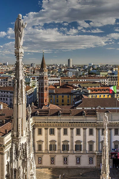 City skyline view from the roof of Duomo cathedral, Milan, Lombardy, Italy
