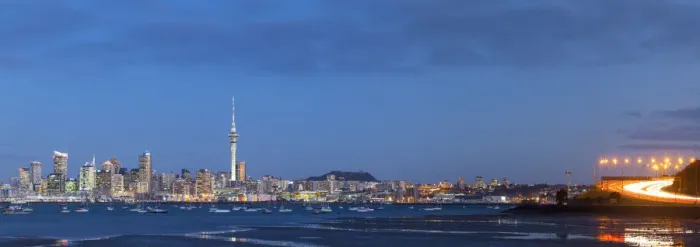 Framed Print : City skyline & Waitemata Harbour illuminated at dusk, Auckland, New Zealand, Australasia