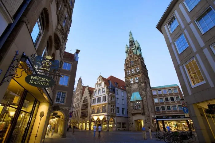 Framed Print : City tower, Prinzipialmarkt, Munster, cathedral land, North Rhine-Westphalia, Germany