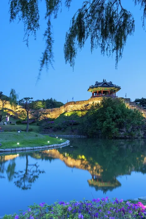 Framed Print : City walls and Banghwasuryujeong Pavilion of Hwaseong Fortress (UNESCO World Heritage Site) at dusk, Suwon, Gyeonggi Province, South Korea Framed Print : City walls and Banghwasuryujeong Pavilion of Hwaseong Fortress (UNESCO World Heritage Site) at dusk, Suwon, Gyeonggi Province, South Korea
