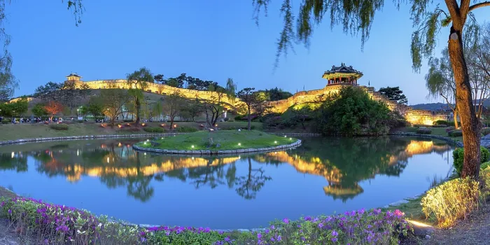 Framed Print : City walls and Banghwasuryujeong Pavilion of Hwaseong Fortress (UNESCO World Heritage Site)at dusk, Suwon, Gyeonggi Province, South Korea Framed Print : City walls and Banghwasuryujeong Pavilion of Hwaseong Fortress (UNESCO World Heritage Site)at dusk, Suwon, Gyeonggi Province, South Korea