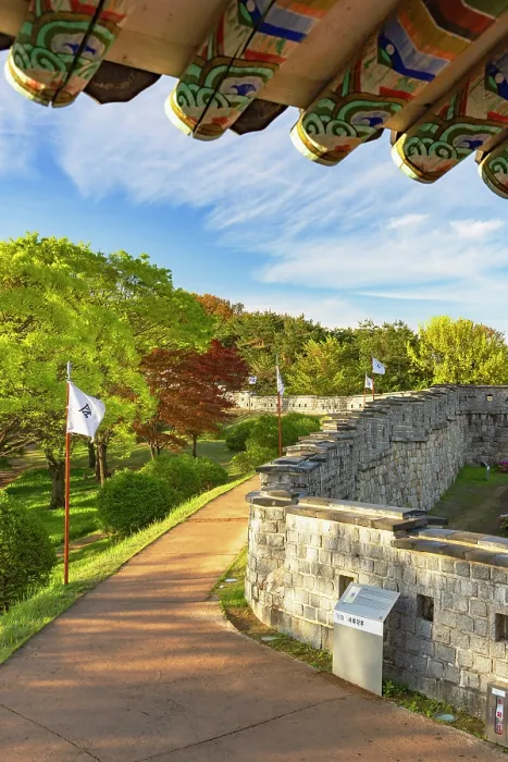 Framed Print : City walls from watchtower of Hwaseong Fortress (UNESCO World Heritage Site), Suwon, Gyeonggi Province, South Korea