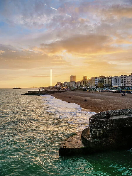 City Waterfront seen from Brighton Palace Pier at sunset, City of Brighton and Hove, East Sussex, England, United Kingdom