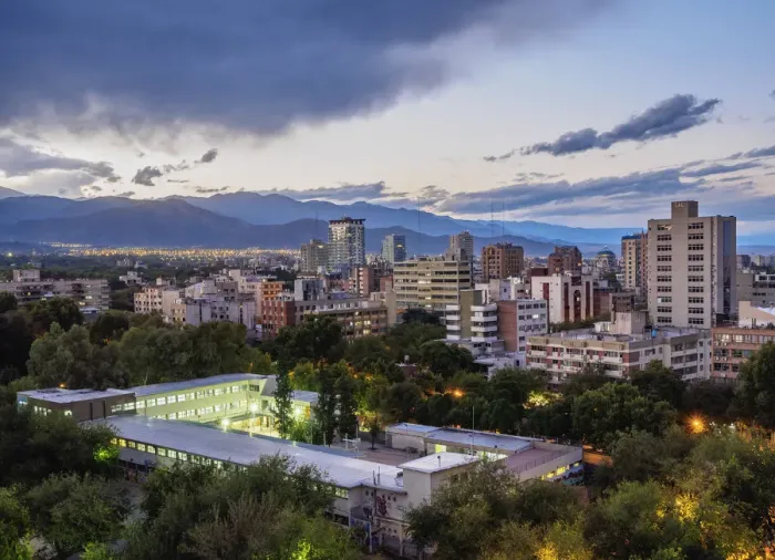 Framed Print : Cityscape of Mendoza with Andes in the background, twilight, Argentina Framed Print : Cityscape of Mendoza with Andes in the background, twilight, Argentina