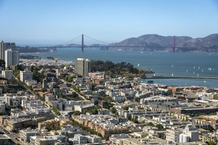 Framed Print : Cityscape near famous Golden Gate Bridge against blue sky on sunny day, San Francisco Framed Print : Cityscape near famous Golden Gate Bridge against blue sky on sunny day, San Francisco