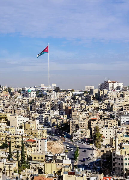 Cityscape with Raghadan Flagpole seen from Citadel Hill, Amman, Amman Governorate, Jordan