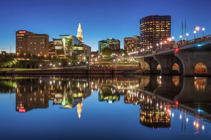 Framed Print : Cityscape reflection at dusk, Hartford, Connecticut, USA