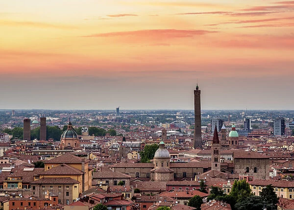Cityscape with San Domenico Basilica and Asinelli Tower at sunset, elevated view, Bologna