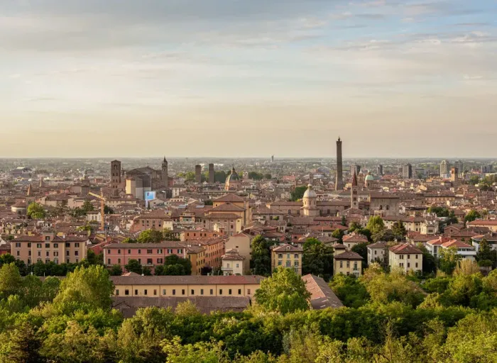 Framed Print : Cityscape with San Domenico Basilica and Asinelli Tower at sunset, elevated view, Bologna