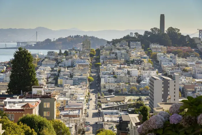 Framed Print : Cityscape view of Telegraph Hill, Coit Tower and North Beach from the top of Lombard Framed Print : Cityscape view of Telegraph Hill, Coit Tower and North Beach from the top of Lombard